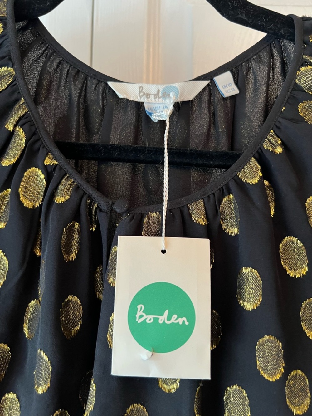 Boden Black Blouse with Gold Polka Dots - Picture 3 of 6
